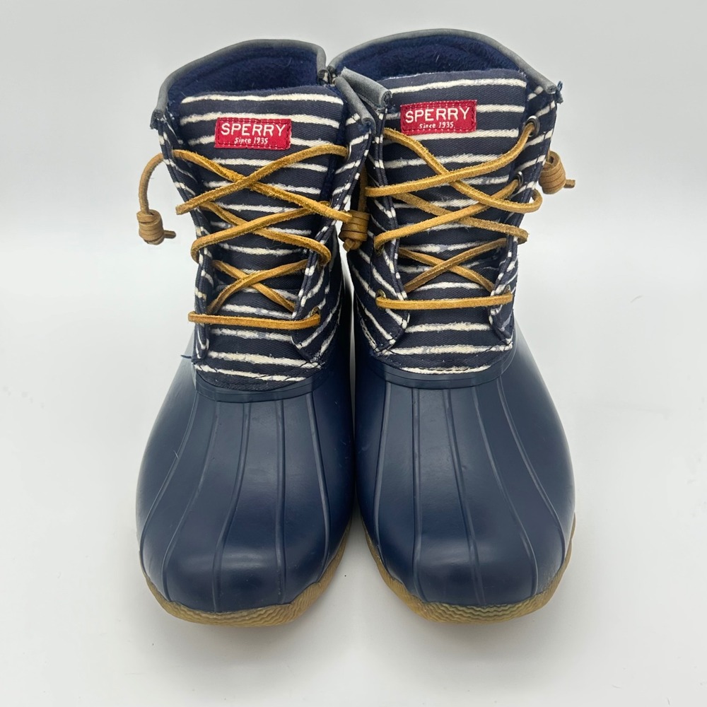 Sperry Saltwater Navy Blue Striped Canvas Waterproof Duck Boots W 8 Nautical - Picture 2 of 7